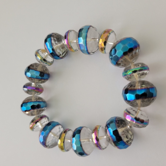 Vintage Czech Glass Stretchy Bracelet Twilight Skies AB Statement Retro - Picture 6 of 6